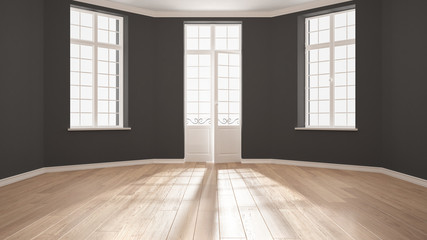 Empty room with big windows ad parquet floor, minimalist classic interior design