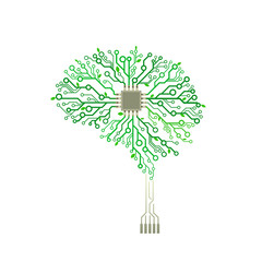 Vector printed circuit board green tree. With branches in the form of brain. Concept illustration of cpu in the center of computer system.