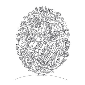 Easter egg shape zentangle image for adult coloring. Hand drawn lace like pattern with flowers. Vector illustration for card, print, invitation, poster.