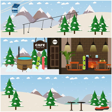 Vector set of winter fun interior flat posters, banners
