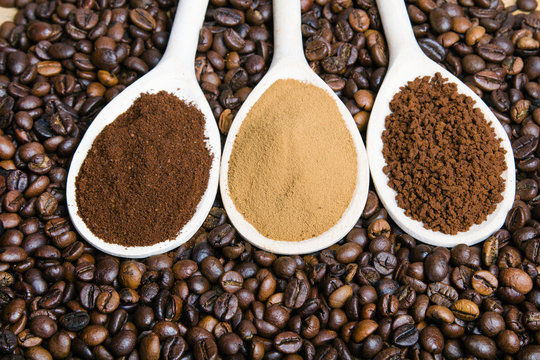 types of coffee: grounds, instant, powder, coffee beans