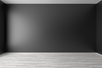 Empty black room with white parquet floor