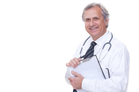 Happy Senior Doctor With Stethoscope Isolated On White