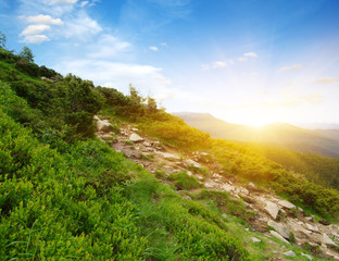 Mountain landscape on sun