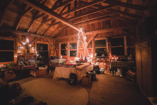 Interior of cosy wood cabin 