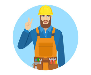Worker showing victory sign