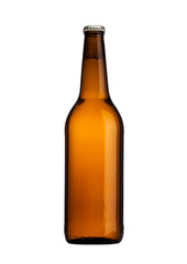 Brown glass beer bottle with yellow cap isolated