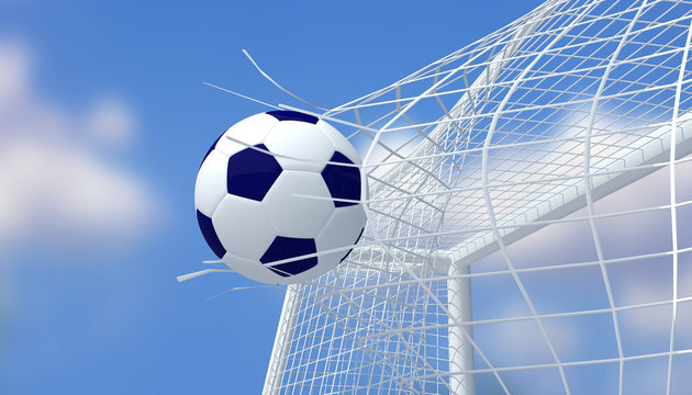 Football blue and white color shooting Goal with blurred blue sky background.3D Rendering