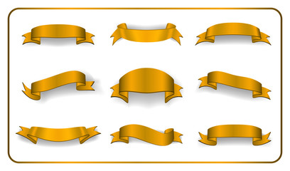 Obraz premium Gold ribbons set. Golden satin glossy bow blank banners. Design label scroll blank elements isolated on white background. Empty curl retro template greeting, decoration Vector illustration