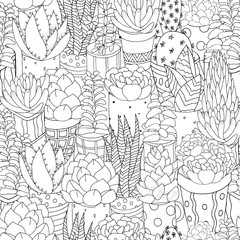 Seamless pattern with succulents, cactuses and pots.