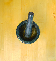 mortar on wood background.