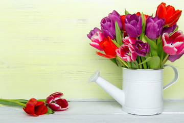 Tulip bouquet on  wooden background, copy space