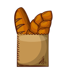 paper bag with fresh bread over white background. bakery products concept. colorful design. vector illustration