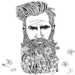 Bearded hipster man. Coloring book