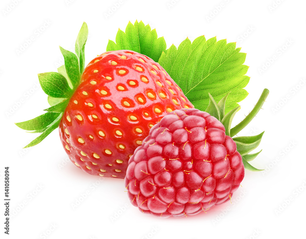 Fototapete isolated berries. strawberry and raspberry fruits isolated on white background with clipping path