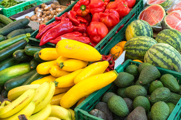 Fresh vegetables and fruits for sale at a market