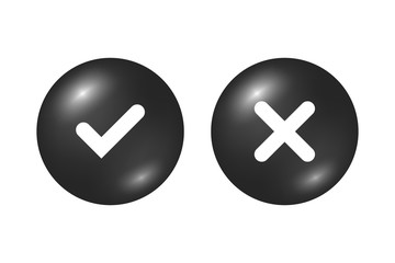 Tick and cross black signs. Gray checkmark OK and X icons, isolated on white background. Marks graphic design. Circle symbols YES and NO button for vote, decision, web. Vector illustration