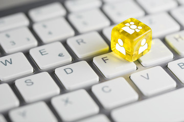 Gelb farbener / gelber Würfel auf Tastatur mit Zeichen für Benutzer & Personen und Nutzergruppen