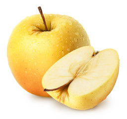 Isolated wet apples. Whole yellow (golden) apple fruit with half isolated on white, with clipping path