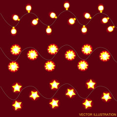 Red background with yellow christmas lights. Vector illustration.
