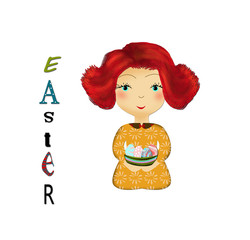 donna con uova di Pasqua su sfondo bianco