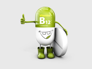 Vitamin B12 shining pill cartoon capsule. 3d illustration
