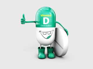 Vitamin D shining pill cartoon capsule. 3d illustration