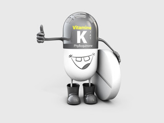 Obraz na płótnie Canvas Vitamin K shining pill cartoon capsule. 3d illustration
