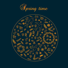 Spring round floral pattern with leaves and branches