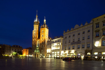 Saint Mary Basilica at the Main Square in Krakow by Night, Poland, Europe