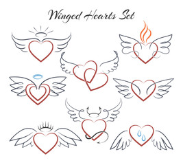 Winged heart set. Hearts with wings in doodle style vector illustration isolated on white background