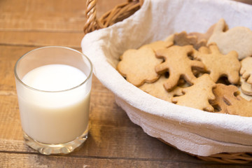 glass of milk next to basket with ginger biscuits