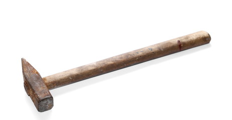 Old rusty metal hammer with wooden handle, isolated on white
