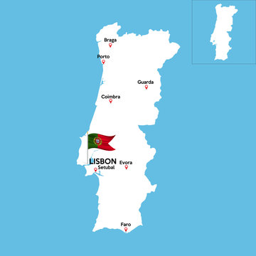 A detailed map of Portugal with indexes of major cities of the country. National flag of the state. Vector illustration.