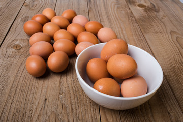 Close up view of a eggs on a wooden background