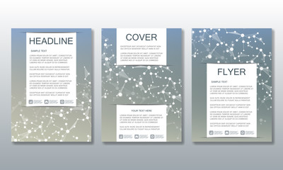 Set of business templates for brochure, flyer, cover magazine in A4 size. Structure molecule DNA and neurons. Geometric abstract background. Medicine, science, technology. Scalable vector graphics.