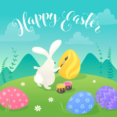 Obraz na płótnie Canvas Easter greeting card with white cute bunny drawing on colorful eggs. Fun illustration of rabbit and eggs on grass and Happy Easter text.