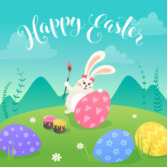 Easter greeting card with white cute bunny drawing on colorful eggs. Fun illustration of rabbit and eggs on grass and Happy Easter text.