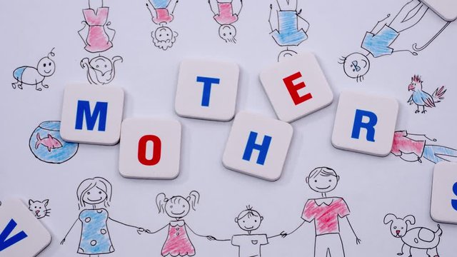 Word mother on the background of the picture of the family. Stop motion
