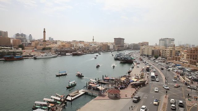 Dubai skyline during the afternoon hours. View on Bur Dubai from Deira district. View from above.