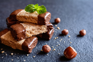 Hazelnut shortbread sticks dipped in chocolate