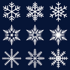 nine white snowflakes set on a dark blue background icon winter crystal snow vector