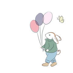 Cute rabbit/ Bunny with balloons and butterfly