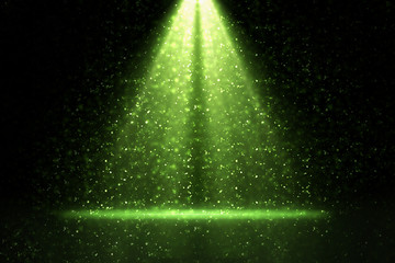 Stage light and green glitter lights on floor. Abstract background for display your product....