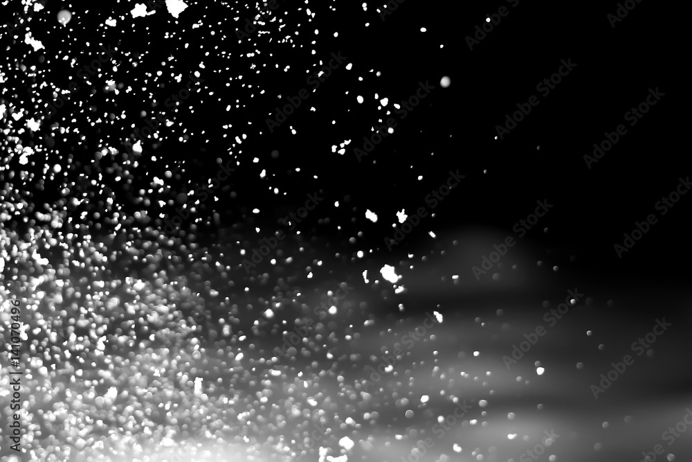 Poster falling realistic snow isolated on black background - design element