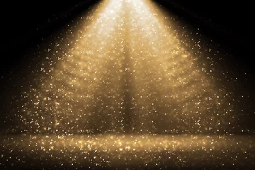Foto op Canvas Podiumlicht en gouden glitterlichten op de vloer. Abstracte gouden achtergrond voor het weergeven van uw product. Spotlight realistische straal © Bokehstore