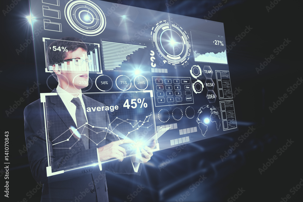 Poster Man using smartphone with charts