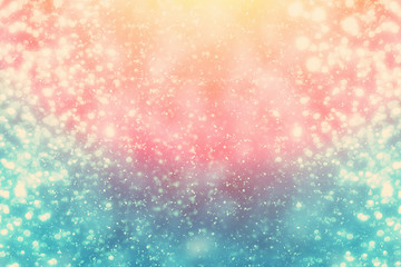 Abstract round silver bokeh or glitter lights on blue and red background. Circles defocused particles and rays