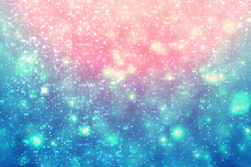 Abstract round blue bokeh or glitter lights on red background. Circles defocused particles and rays
