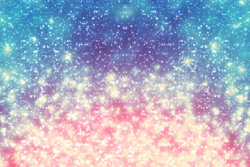 Abstract round silver bokeh or glitter lights on blue and red background. Circles defocused particles and rays